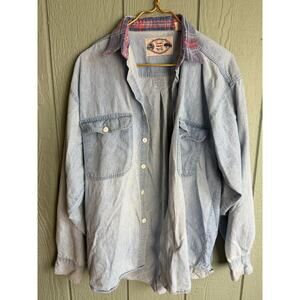 Vintage Denim Button-Up Shirt | Plaid Lined Collar | 90s Workwear